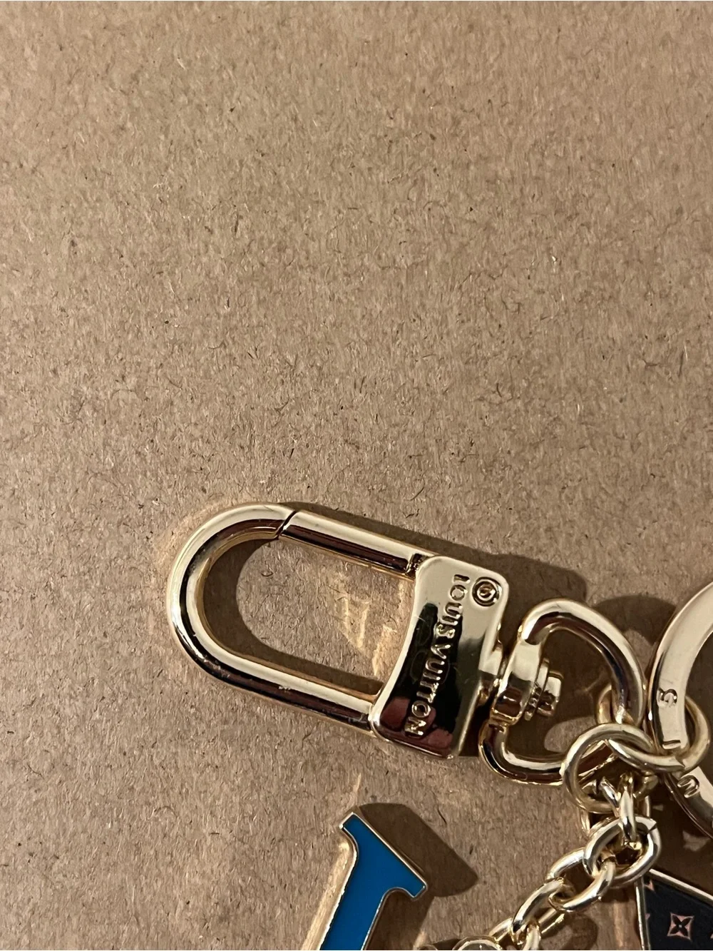 Blue & Brown Monogram Bag Charm or Keychain with Stamped Gold Hardware